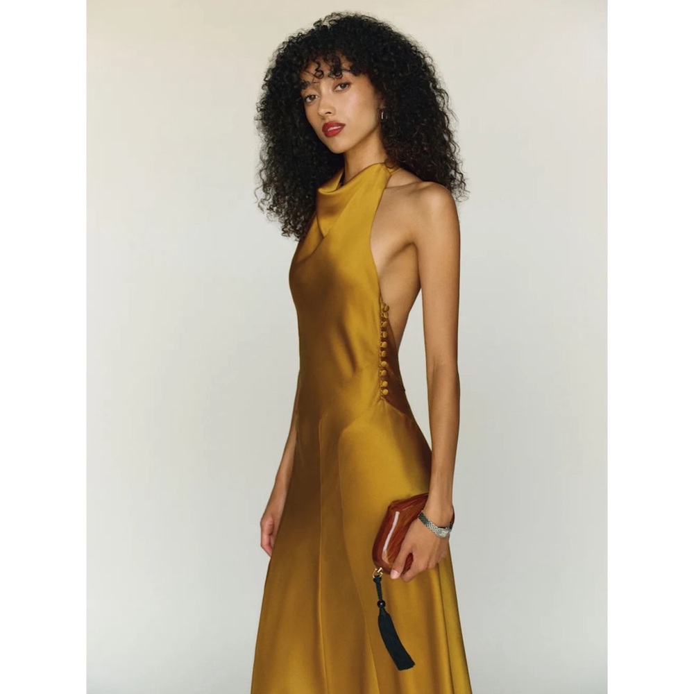 Reformation Kaylah Satin Dress in Honey Mustard